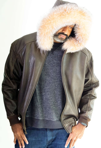 Heavyweight lambskin leather jacket with fox fur trimmed hood Style #2066H
