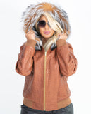 Ladies Embossed Bomber Jacket with fox fur trimmed hood #1066E