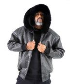 Embossed Leather Bomber Jacket with fox fur trimmed hood Style #2266F