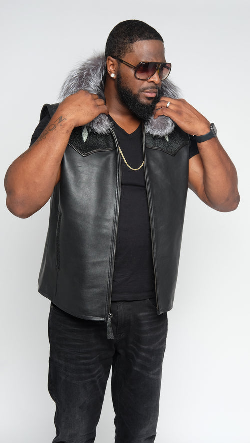 Black Lightweight Lambskin Stingray Vest With Silver Fox Hood Style #910H - Jakewood Shearlin Leather Mouton Fur Bomber Aviator Parka Coat Jacket Sheepskin All size Brooklyn New York manufacturer 