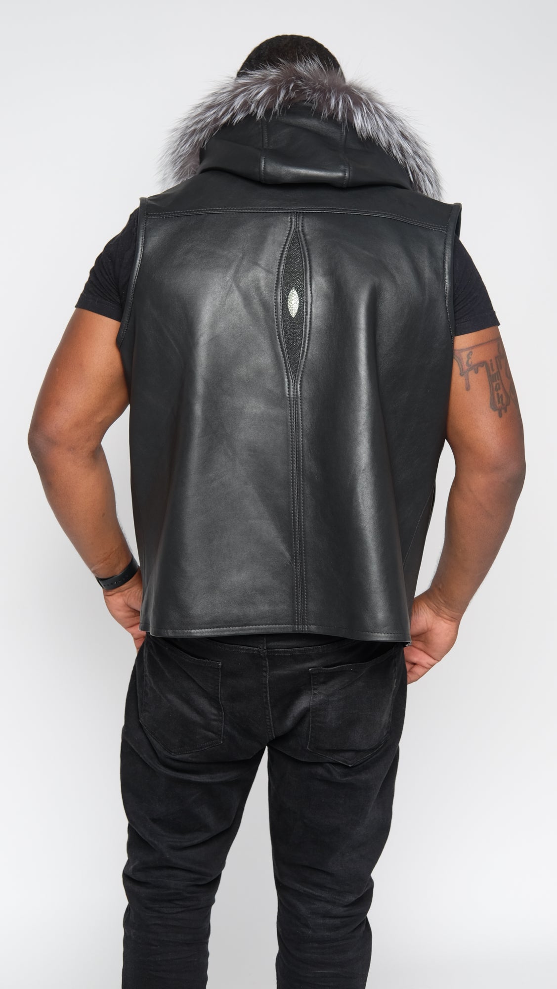 Black Lightweight Lambskin Stingray Vest With Silver Fox Hood Style #910H - Jakewood Shearlin Leather Mouton Fur Bomber Aviator Parka Coat Jacket Sheepskin All size Brooklyn New York manufacturer 