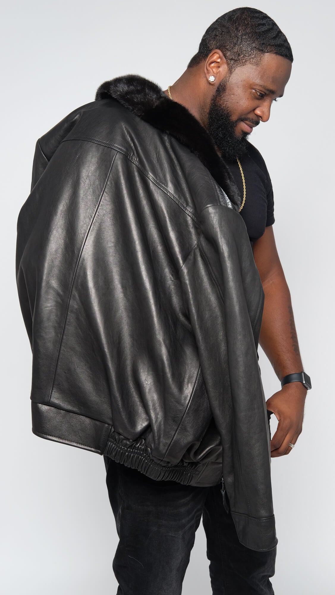 Leather jacket with row stone stingray and mink collar Style #2012