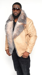 Leather Jacket Embossing Design With Crystal Fox Fur Style #7100 - Jakewood Shearlin Leather Mouton Fur Bomber Aviator Parka Coat Jacket Sheepskin All size Brooklyn New York manufacturer 
