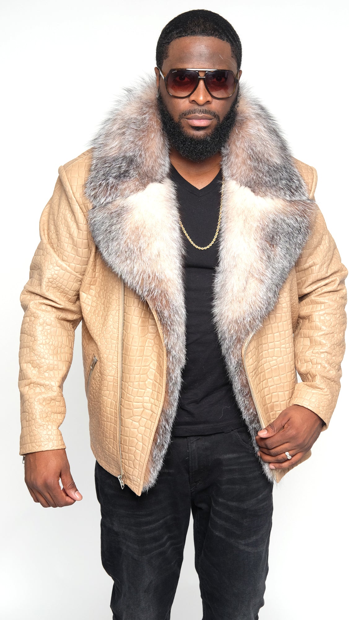 Leather Jacket Embossing Design With Crystal Fox Fur Style #7100 - Jakewood Shearlin Leather Mouton Fur Bomber Aviator Parka Coat Jacket Sheepskin All size Brooklyn New York manufacturer 