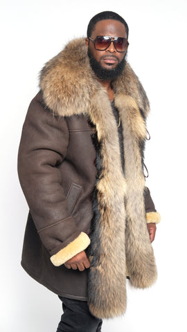 Sheepskin Jacket Coyote Fur Collar And Front Trimming Style #777 - Jakewood Shearlin Leather Mouton Fur Bomber Aviator Parka Coat Jacket Sheepskin All size Brooklyn New York manufacturer 