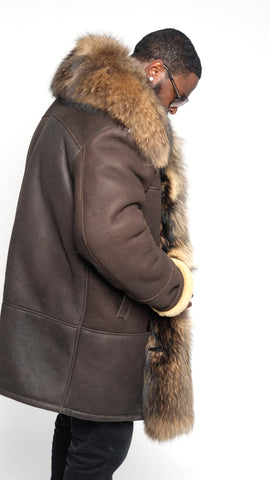 Sheepskin Jacket Coyote Fur Collar And Front Trimming Style #777 - Jakewood Shearlin Leather Mouton Fur Bomber Aviator Parka Coat Jacket Sheepskin All size Brooklyn New York manufacturer 