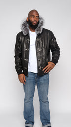 Leather Jacket With Sliver Fox Fur Hood Style #3460