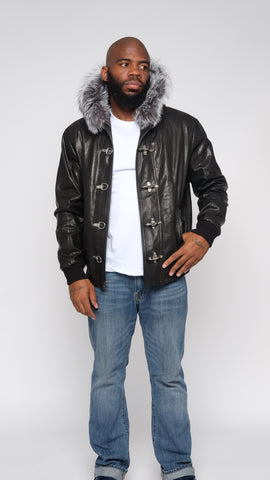 Leather Jacket With Sliver Fox Fur Hood Style #3460