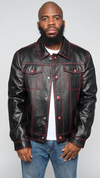 Denim Style Leather Jacket Style Black with Red Threading #3600