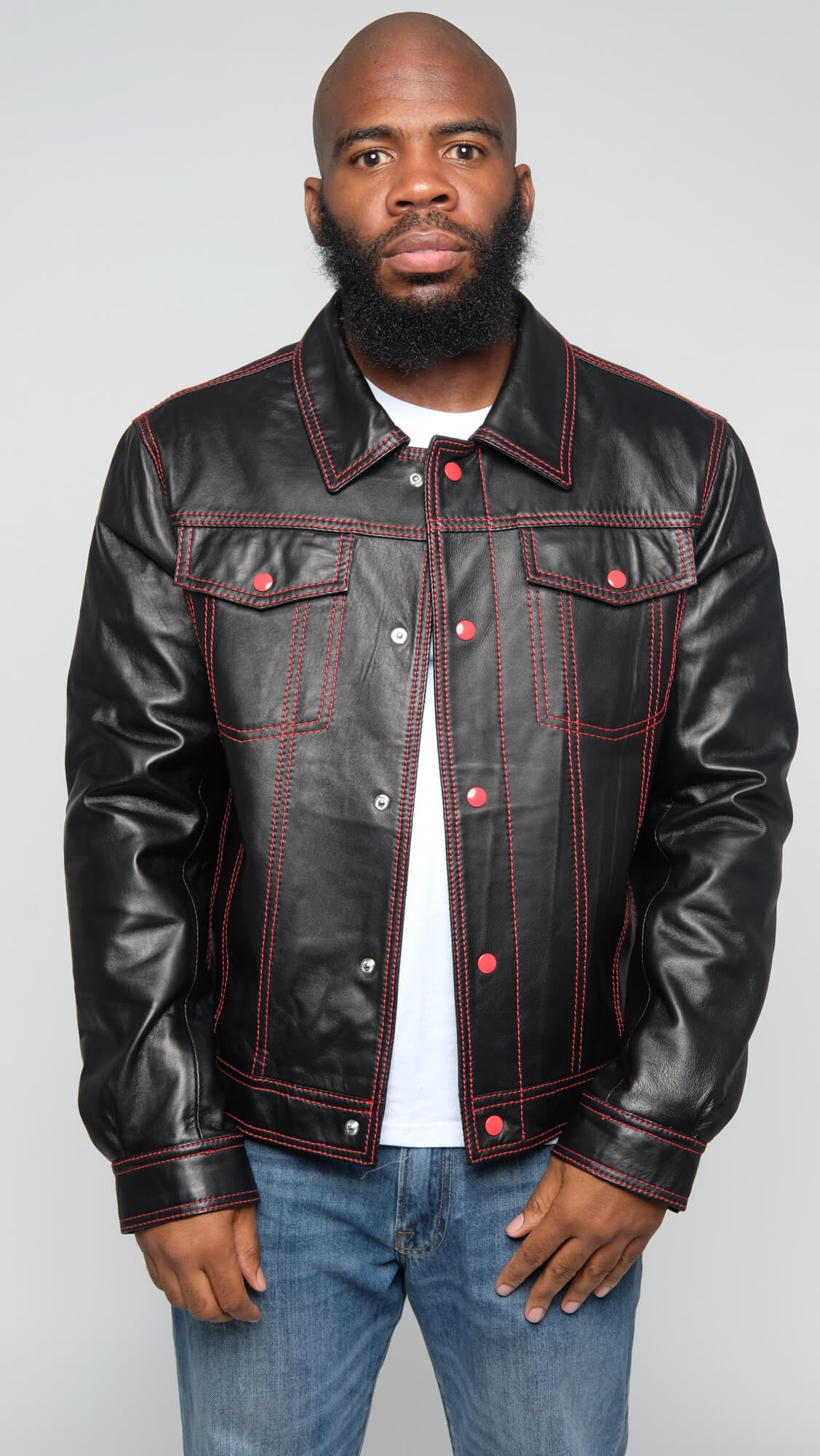 Denim Style Leather Jacket Style Black with Red Threading #3600