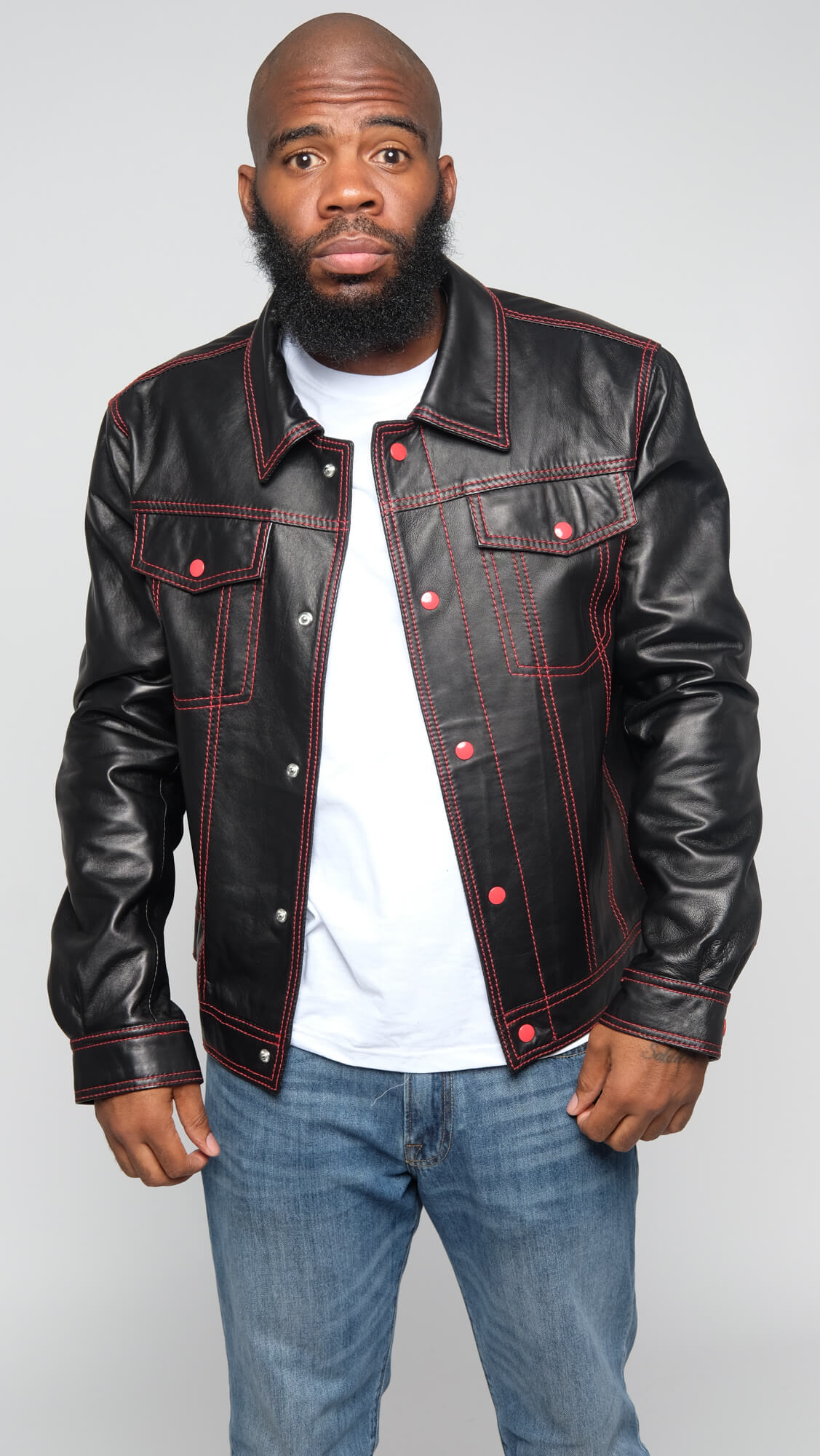 Denim Style Leather Jacket Style Black with Red Threading #3600