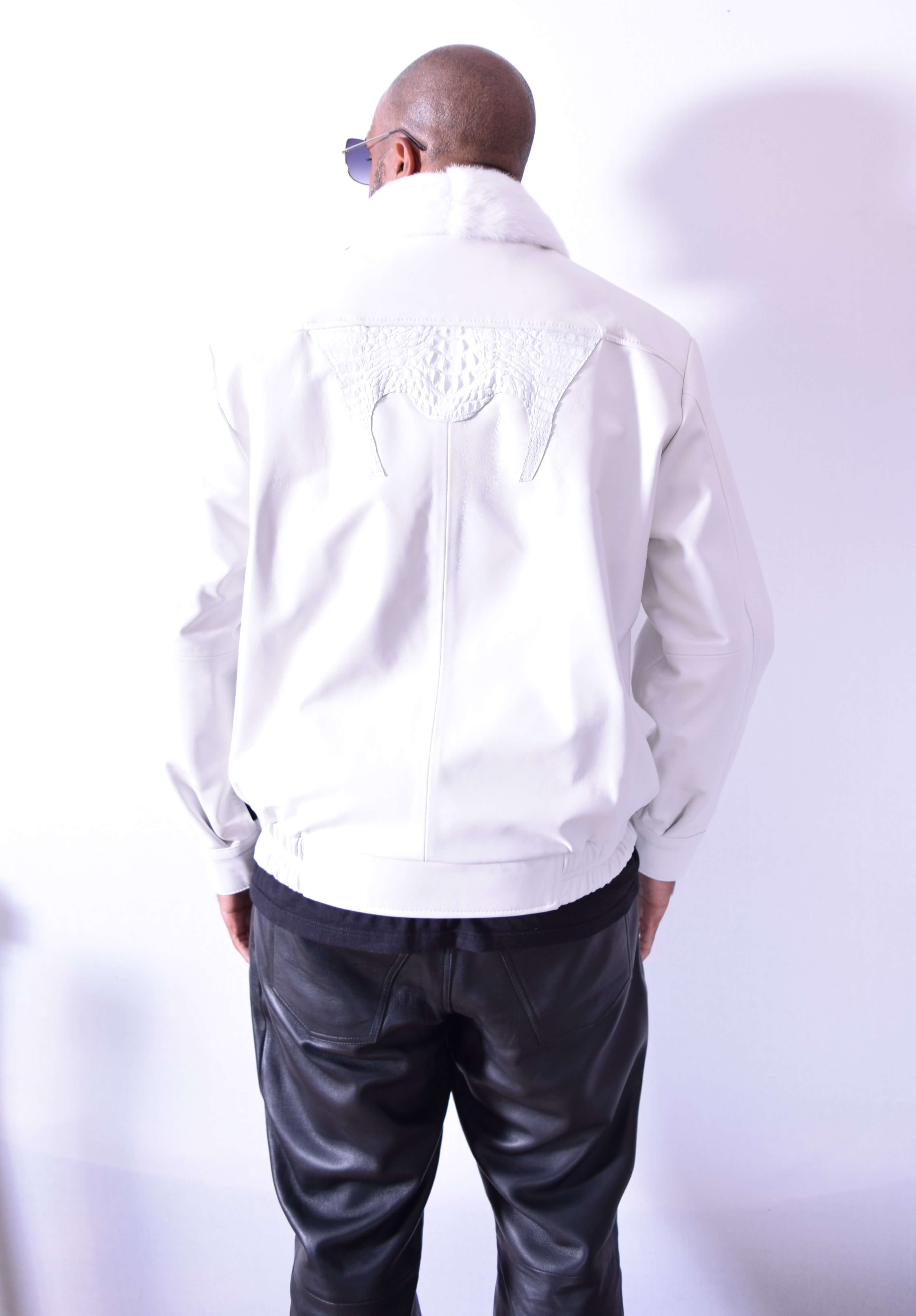 Men's Leather Jacket With Alligator Trimming & Mink Collar Style #2077