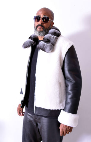 Mouton Front and Back Jacket with Sheepskin Sleeves and Chinchilla Fur Collar #7020C