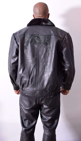 Genuine Lambskin Leather Jacket With Alligator Trimming & Mink Collar Style #2068