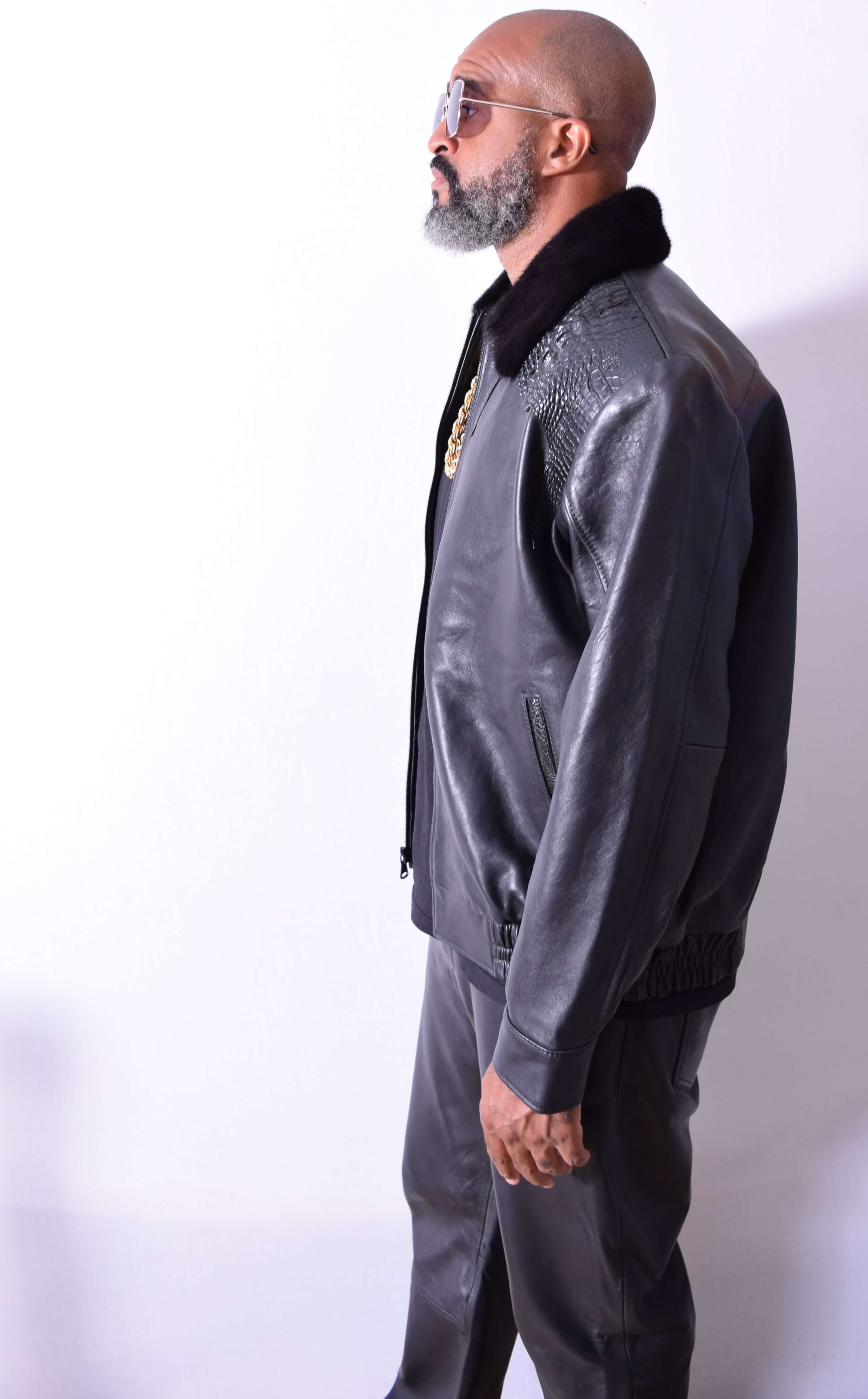 Genuine Lambskin Leather Jacket With Alligator Trimming & Mink Collar Style #2068