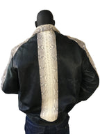 Distressed Leather Bomber Jacket with Python Trimming Style #2095 - Jakewood Shearlin Leather Mouton Fur Bomber Aviator Parka Coat Jacket Sheepskin All size Brooklyn New York manufacturer 