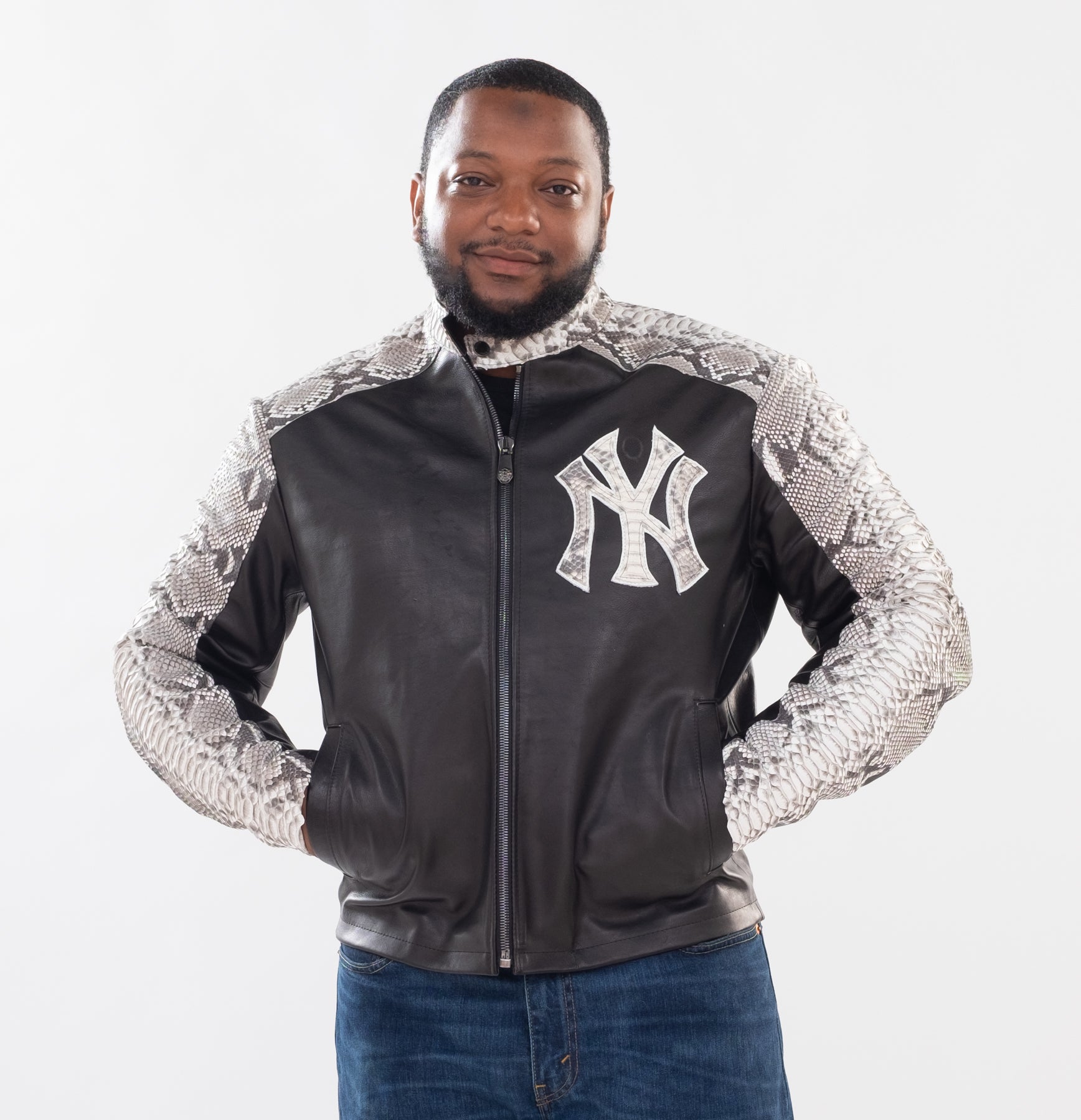 Men's Leather Jacket with Python Trimming and Custom Yankees Python Logo