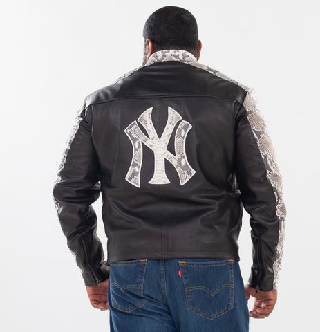 Men's Leather Jacket with Python Trimming and Custom Yankees Python Logo
