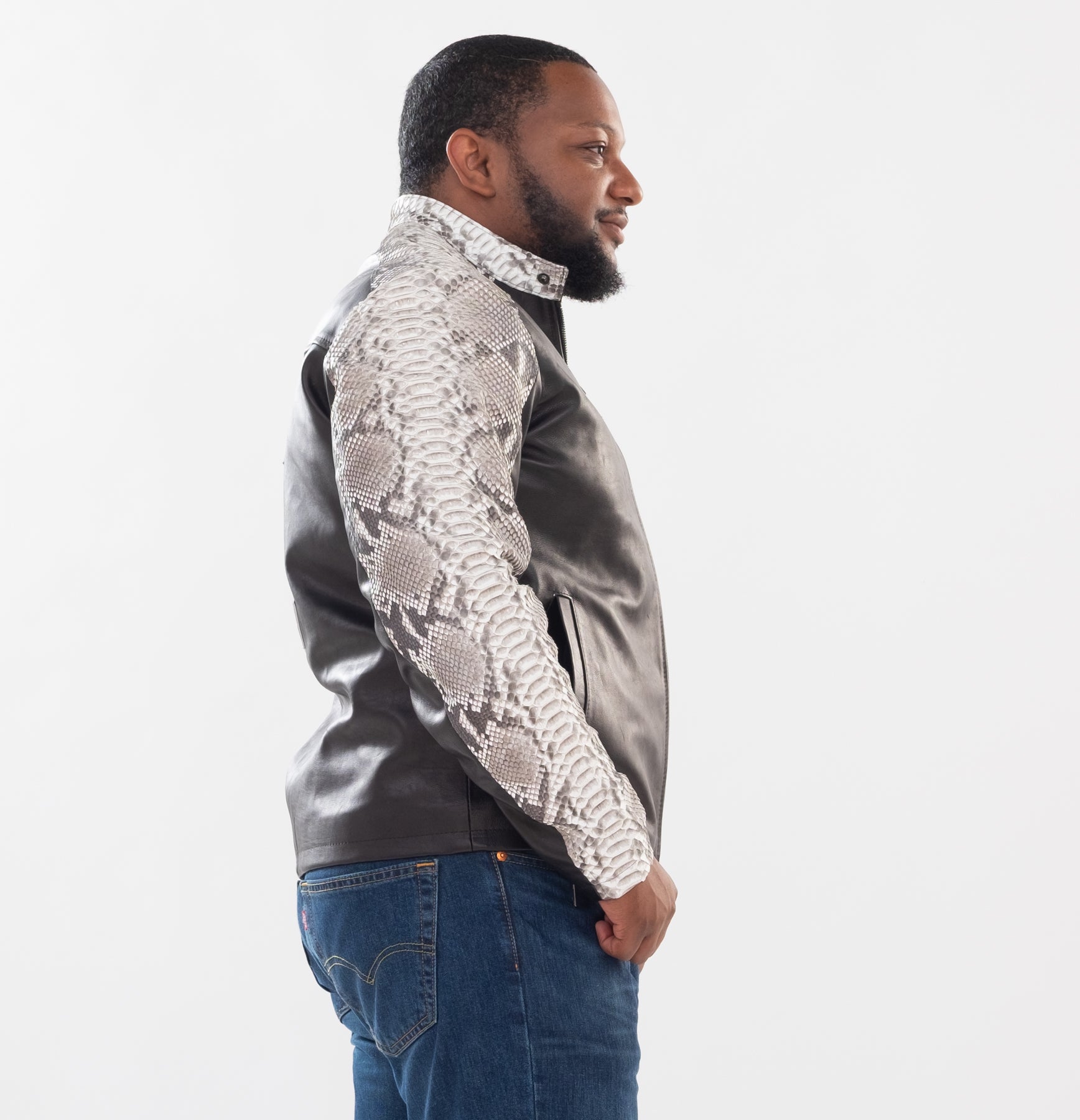 Men's Leather Jacket with Python Trimming and Custom Yankees Python Logo