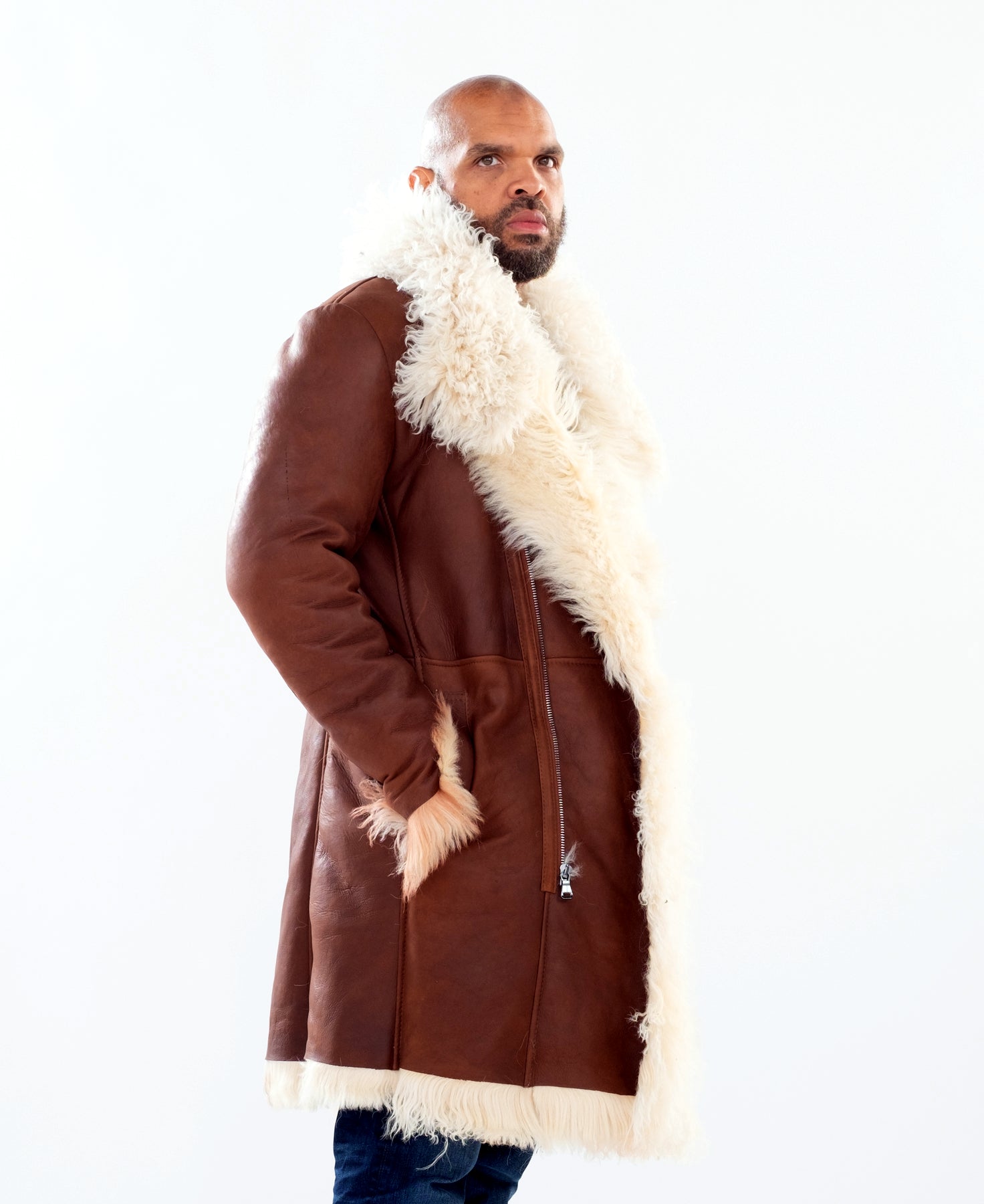 7/8 length Mongolian sheepskin coat with fur collar and zipper