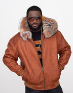 Embossed Leather Bomber Jacket with fox fur trimmed hood Style #2266F