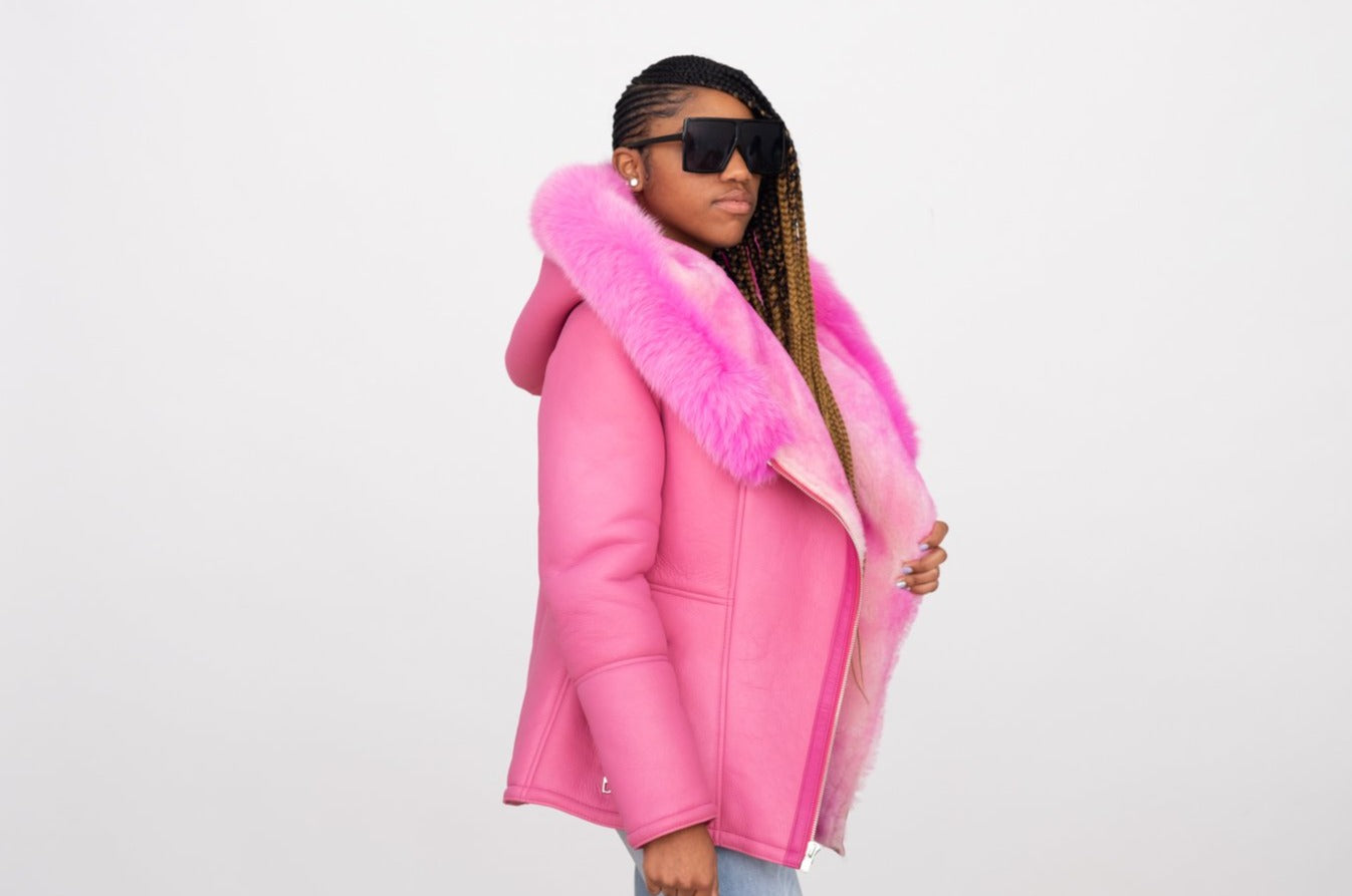 ♡Jakke.♡ファージャケット【美品】 Women's Sheepskin Leather Jacket with Fox Fur Hood Style #1069