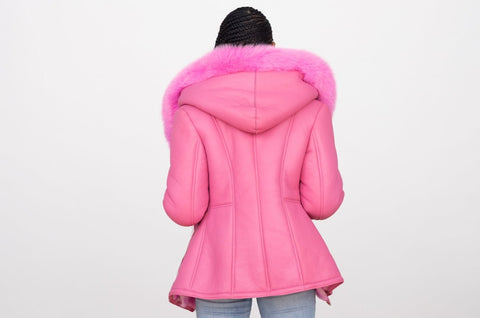 Women's Sheepskin Leather Jacket with Fox Fur Hood Style #1069