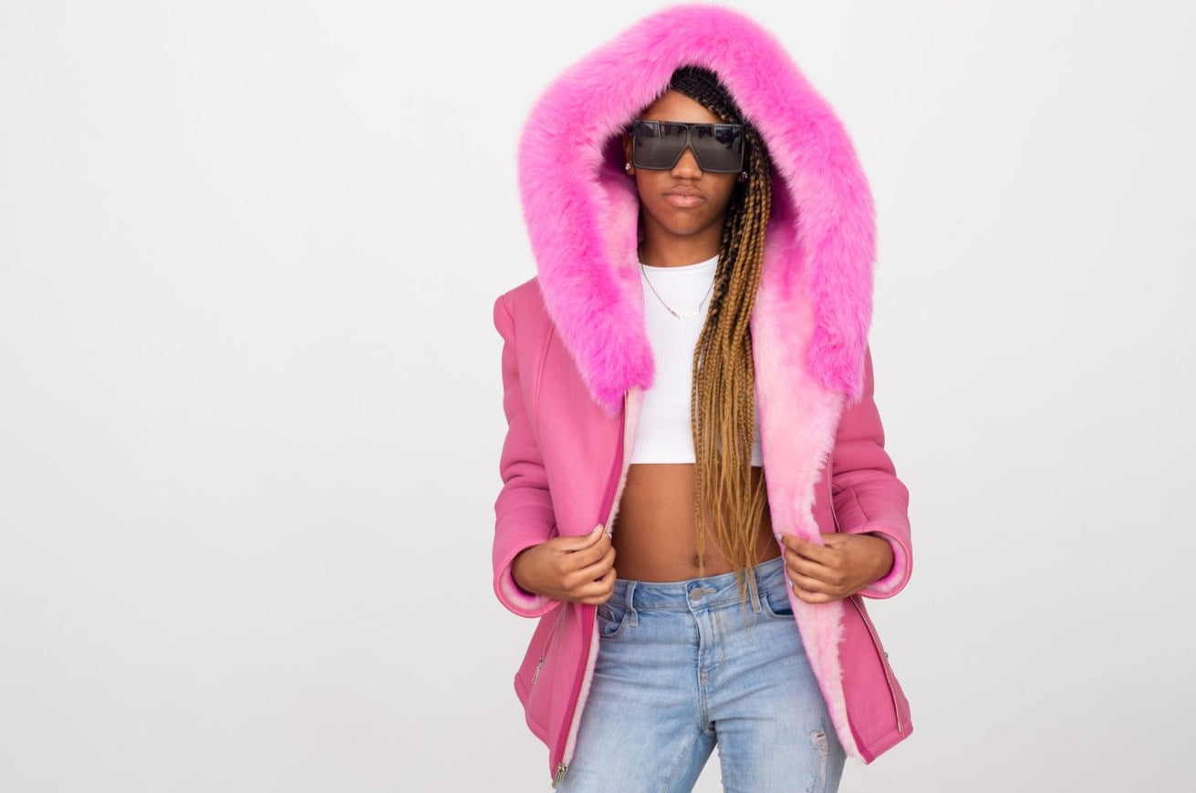 Women's Sheepskin Leather Jacket with Fox Fur Hood Style #1069