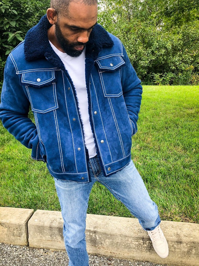 Warm Winter Denim Style Button-Up Sheepskin Jacket Style #3610 - Jakewood Shearlin Leather Mouton Fur Bomber Aviator Parka Coat Jacket Sheepskin All size Brooklyn New York manufacturer 