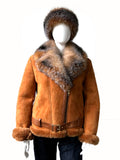 Women's Belted Motorcycle Racing Jacket With Fox Fur Collar Style #1020
