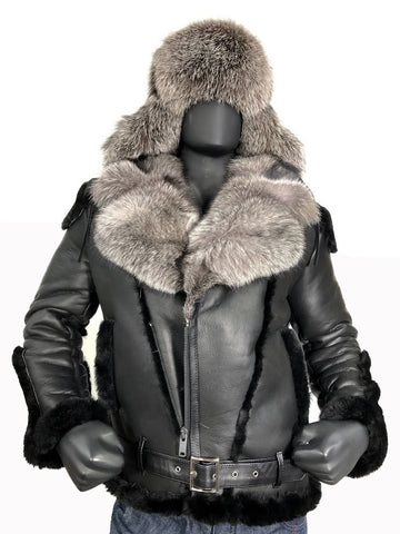 Sheepskin Jacket with Fur collar Style #1320 - Jakewood Shearlin Leather Mouton Fur Bomber Aviator Parka Coat Jacket Sheepskin All size Brooklyn New York manufacturer 