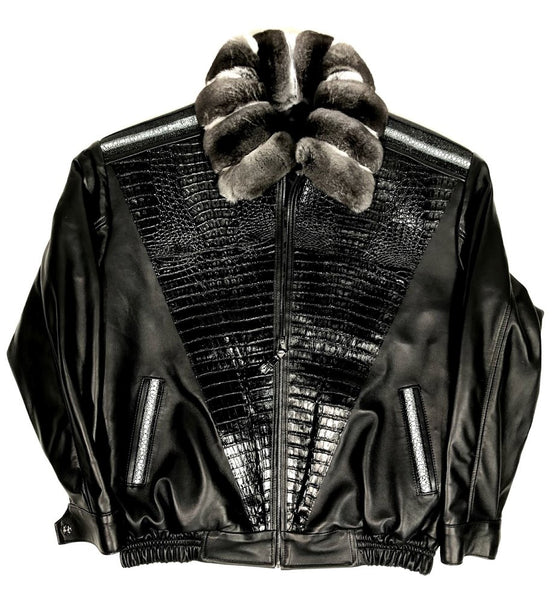 Black Lambskin Jacket With Chinchilla Collar & Alligator/Stingray Trimming Style #2075 - Jakewood Shearlin Leather Mouton Fur Bomber Aviator Parka Coat Jacket Sheepskin All size Brooklyn New York manufacturer 