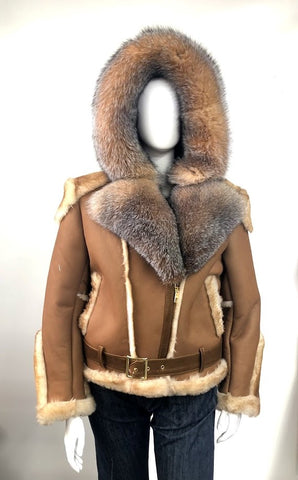 Women's Sheepskin Leather Jacket with Fox Fur Hood Style #1069 – Jakewood