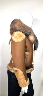 Ladies Raising Sheepskin Jacket with Fur Collar and Hood | Style #1020