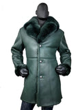 Warm Winter Green Sheepskin Shearling Trench Coat With Fox Fur Collar Style #7400
