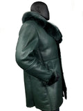 Warm Winter Green Sheepskin Shearling Trench Coat With Fox Fur Collar Style #7400