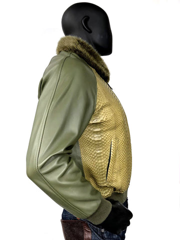 Men's Olive Green Lambskin Leather Jacket & Python Trimming With Mink Collar Style #1020-2