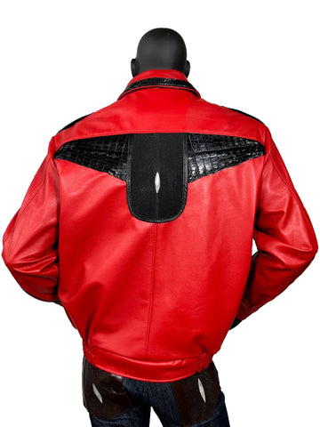 Men's Red Lambskin Leather Jacket With Stingray & Alligator Trimming Style #2055