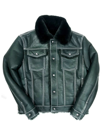 Warm Winter Denim Style Button-Up Sheepskin Jacket Style #3610