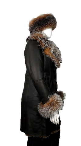 Women's Single-Breasted Sheepskin Trench Coat With Fox Fur Collar #1005