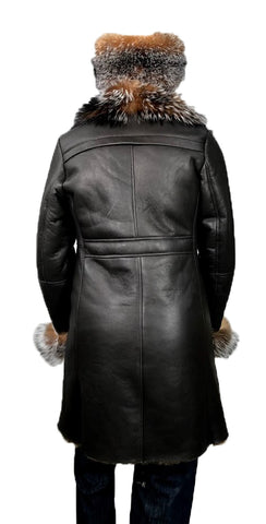 Women's Single-Breasted Sheepskin Trench Coat With Fox Fur Collar #1005