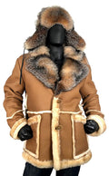 Men's Sheepskin Shearling Toggled Coat With Crystal Fox Collar Style #4950
