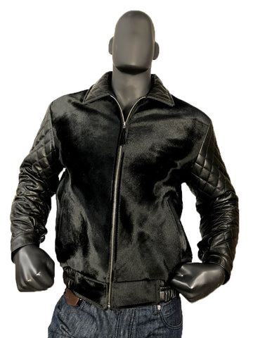 Men's Pony Bomber Jacket With Lambskin Quilted Sleeves & Collar Style #3450