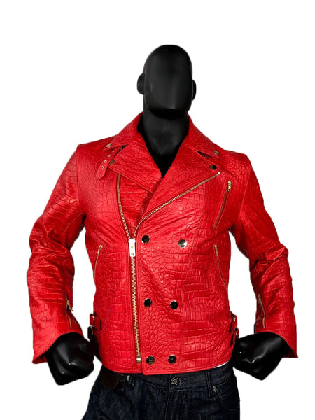 Men's Lambskin Leather Embossed Motorcycle Jacket, Double Breasted Style #3008