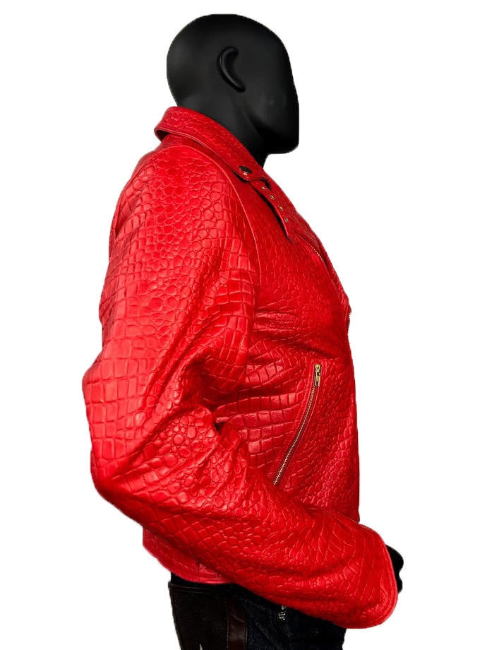 Men's Lambskin Leather Embossed Motorcycle Jacket, Double Breasted Style #3008