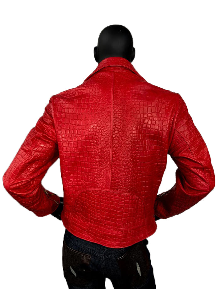 Men's Lambskin Leather Embossed Motorcycle Jacket, Double Breasted