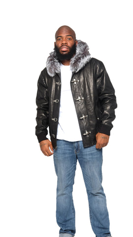 Leather Jacket With Sliver Fox Fur Hood Style #3460 - Jakewood Shearlin Leather Mouton Fur Bomber Aviator Parka Coat Jacket Sheepskin All size Brooklyn New York manufacturer 