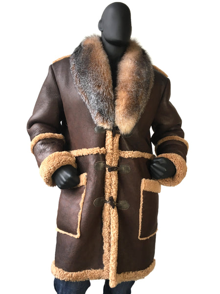 Sheepskin Trench Coat With Fox Fur Collar Style #4920 - Jakewood Shearlin Leather Mouton Fur Bomber Aviator Parka Coat Jacket Sheepskin All size Brooklyn New York manufacturer 