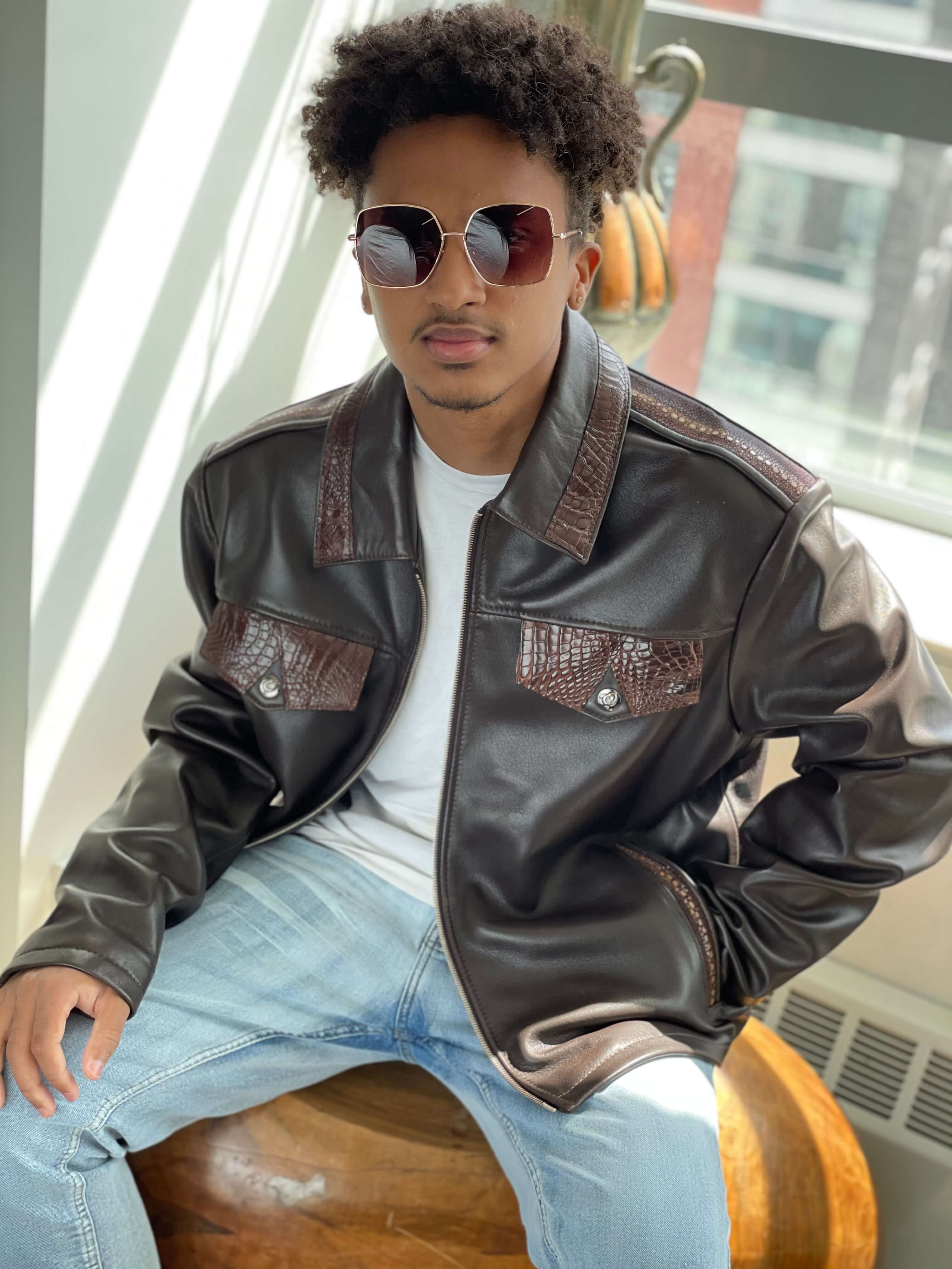 Lambskin jacket with stingray and alligator trimming #2030