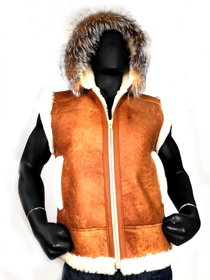Sheepskin Vest with Fox Trimmed Hood Style #5600H – Jakewood